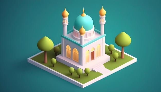um desenho animado de uma mesquita com árvores e uma mesquita azul no topo