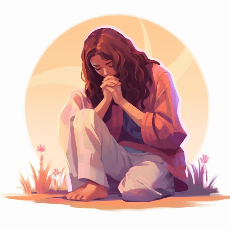 Foto um desenho animado de uma mulher ajoelhada no chão com as mãos fechadas