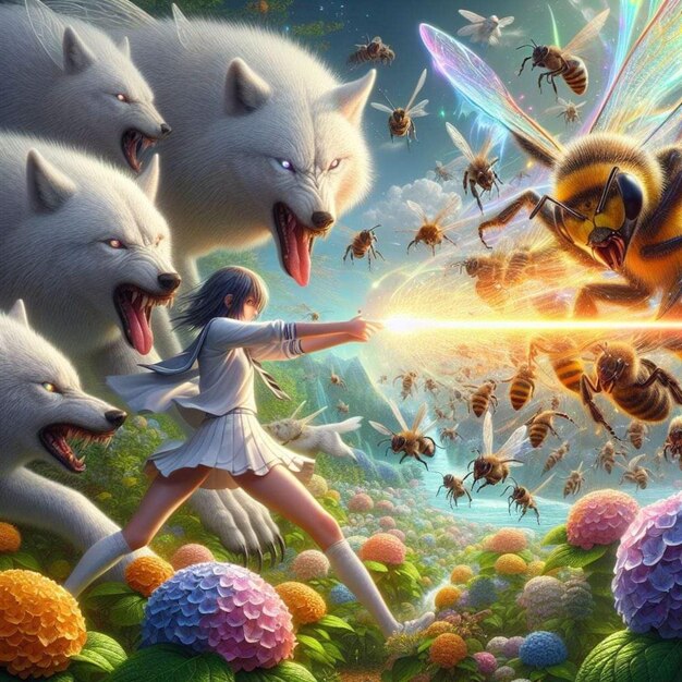 um desenho animado de uma mulher e um lobo com abelhas voando ao redor