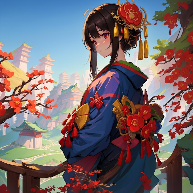 Um desenho animado de uma mulher em um quimono com flores vermelhas na frente.