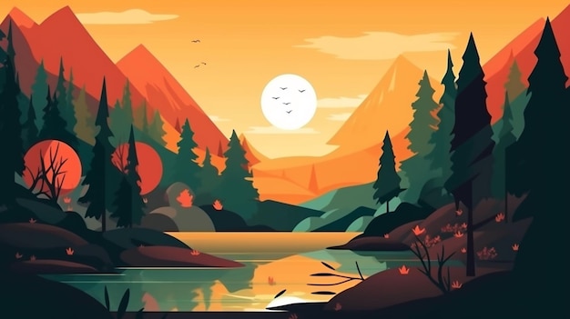 Um desenho animado de uma paisagem montanhosa com um lago e montanhas ao fundo.