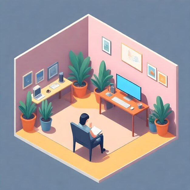Foto um desenho animado de uma pessoa lendo um livro em uma sala com plantas e um computador