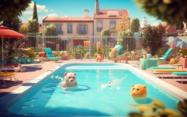 Um desenho animado de uma piscina com um urso nadando nela.
