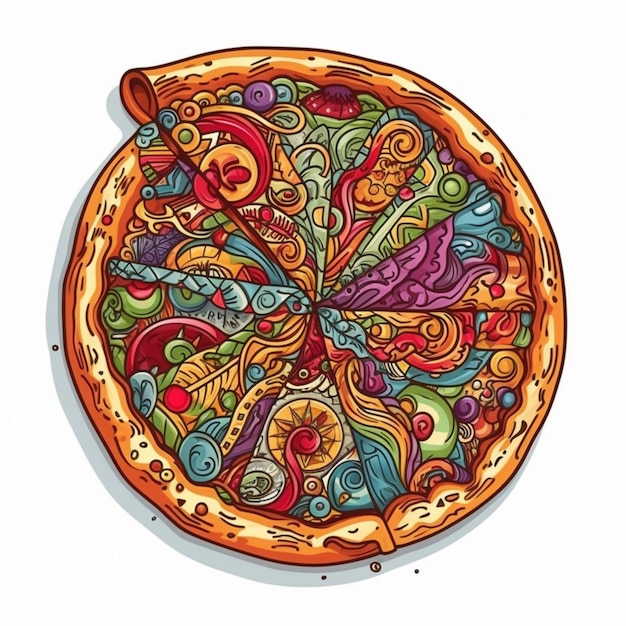 Um desenho animado de uma pizza com cores diferentes e a palavra pizza nela.