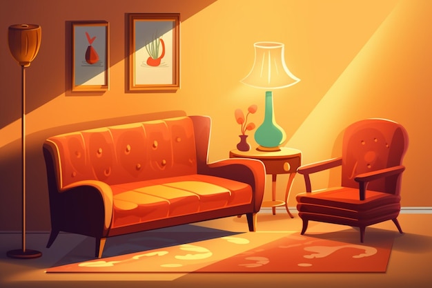 Um desenho animado de uma sala de estar com sofá, abajur, luminária e quadros na parede.