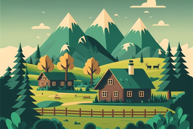 Um desenho animado de uma vila com montanhas ao fundo.