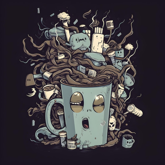 Um desenho animado de uma xícara de café com um rosto e um monte de lixo dentro.