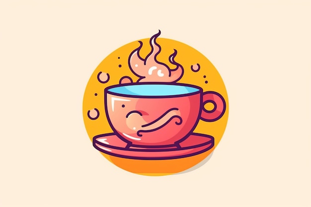 Um desenho animado de uma xícara de chá com um rosto sorridente e um sorriso no rosto.
