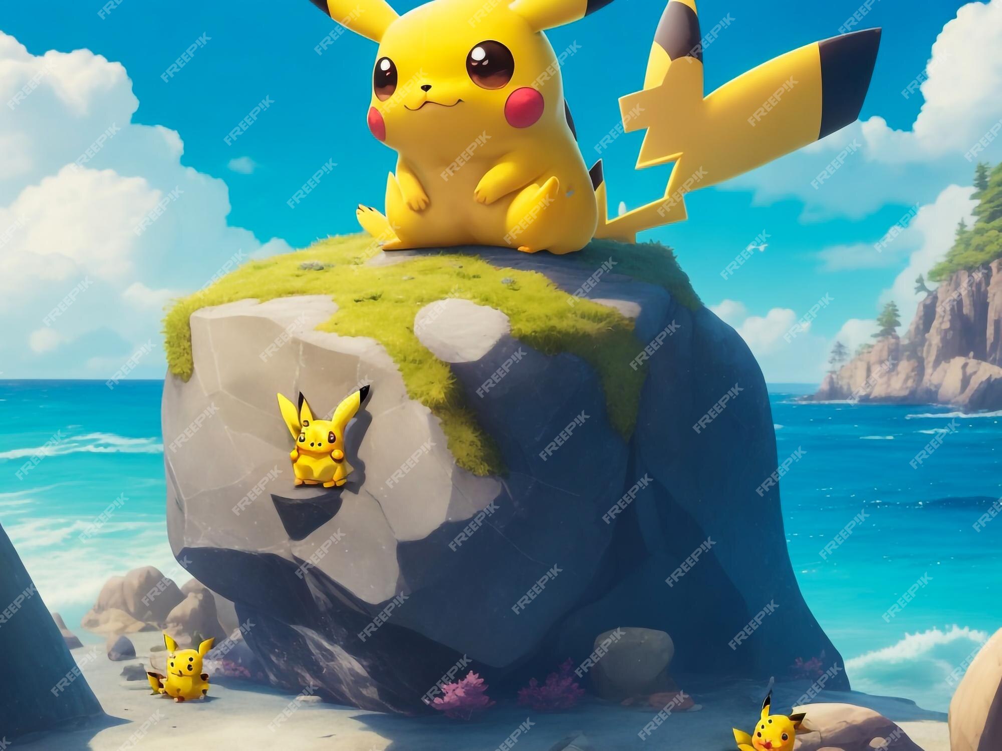 Um desenho animado pikachu sentado em cima de uma pedra