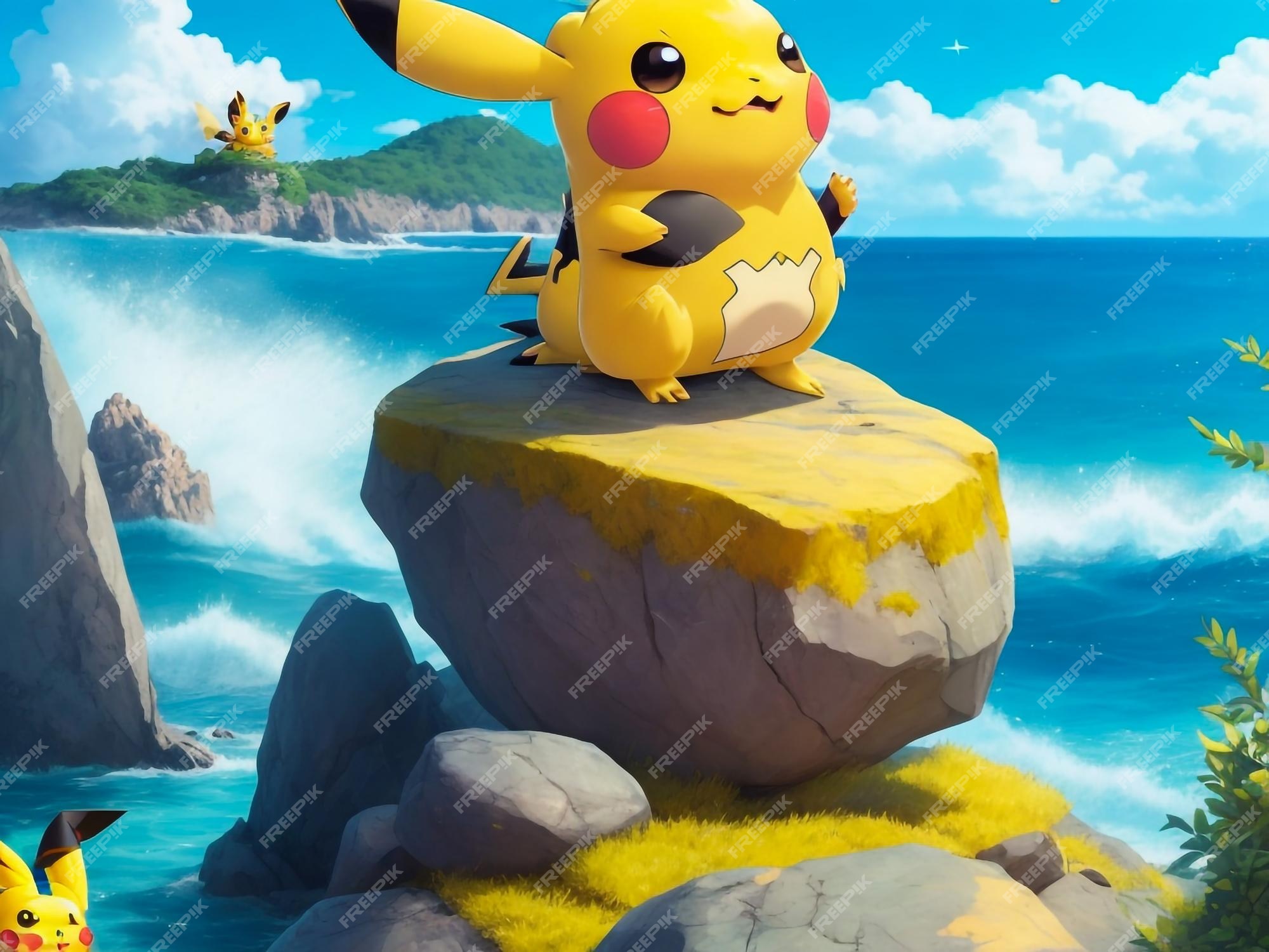 Um desenho animado pikachu sentado em cima de uma pedra