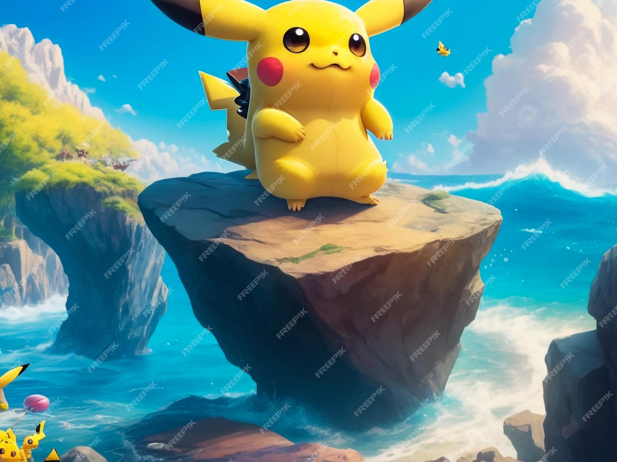 Um desenho animado pikachu sentado em cima de uma pedra