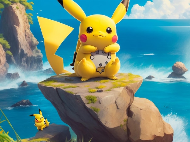 Um desenho animado pikachu sentado em cima de uma pedra