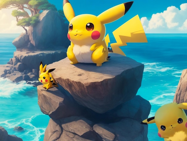 Um desenho animado pikachu sentado em cima de uma pedra