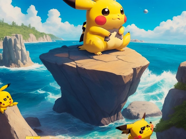 Um desenho animado pikachu sentado em cima de uma pedra