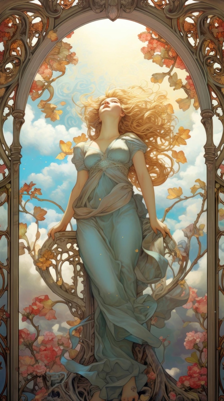 Foto um desenho art nouveau de uma impressionante representação adulta de uma fada das árvores