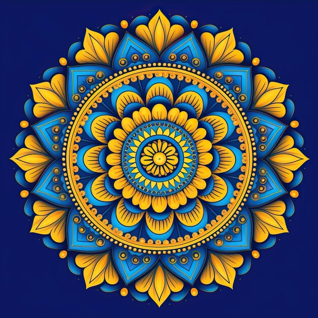 um desenho azul e amarelo com flores amarelas e azuis