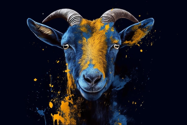 Um desenho azul e amarelo de uma cabra