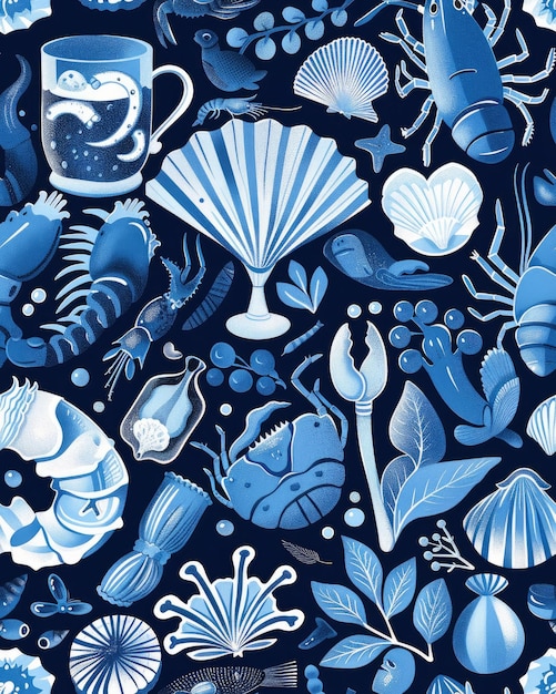 Foto um desenho azul e branco de conchas e conchas