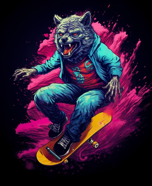 Um desenho colorido de camiseta vetorial de skate de lobo