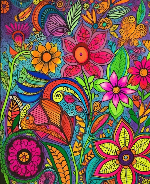 Um desenho colorido de flores e folhas.