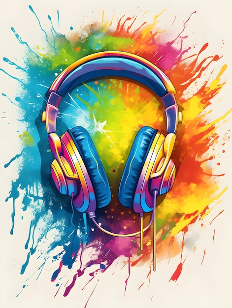 Um desenho colorido de um fone de ouvido com fundo colorido do arco-íris