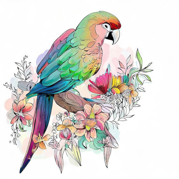 Um desenho colorido de um papagaio com flores