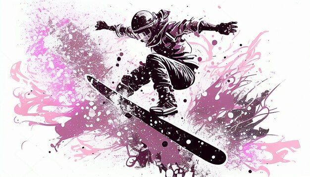 Um desenho colorido de um snowboarder pulando no ar.