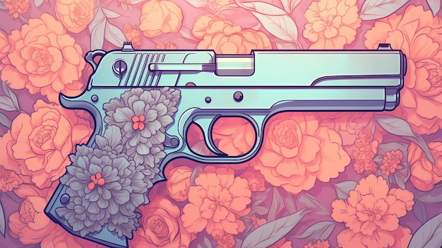 Um desenho colorido de uma arma com flores