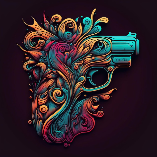 Um desenho colorido de uma arma com redemoinhos e redemoinhos.
