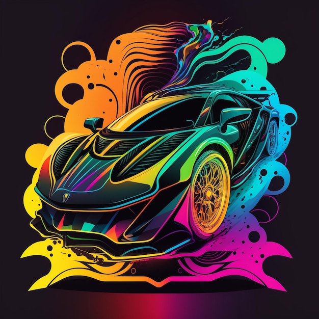 Um desenho colorido de uma lamborghini com uma chama na frente.