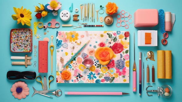 um desenho colorido de uma mesa com uma imagem de uma flor e um lápis.