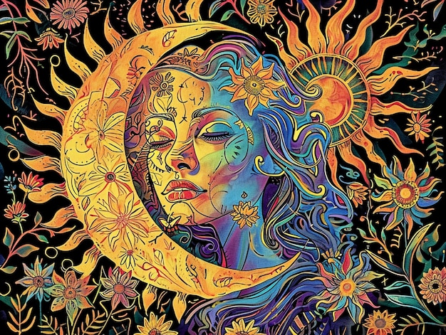 um desenho colorido de uma mulher com uma IA generativa de sol e lua