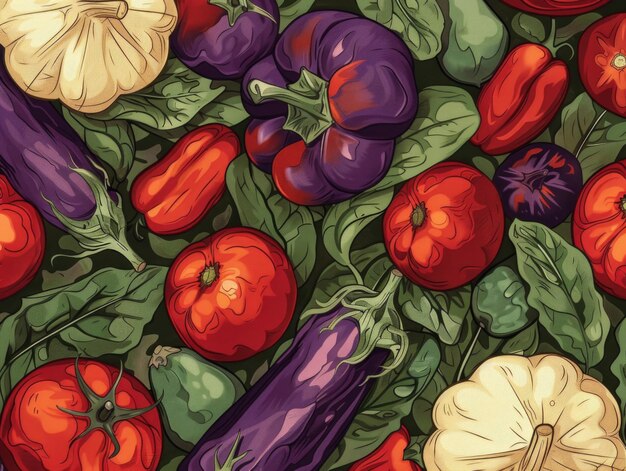 Foto um desenho colorido de vários vegetais, incluindo tomates, pimentas e abóboras conceito de abundância e frescura com as cores vibrantes dos vegetais criando um ambiente animado
