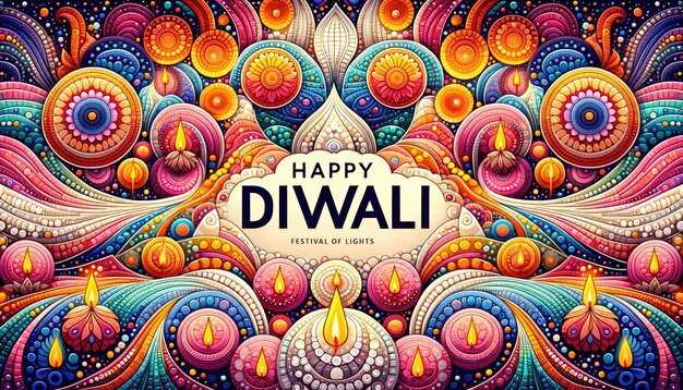 Um desenho com cores vibrantes formando um padrão de mosaico harmonizado com a suave luminescência de Diwali