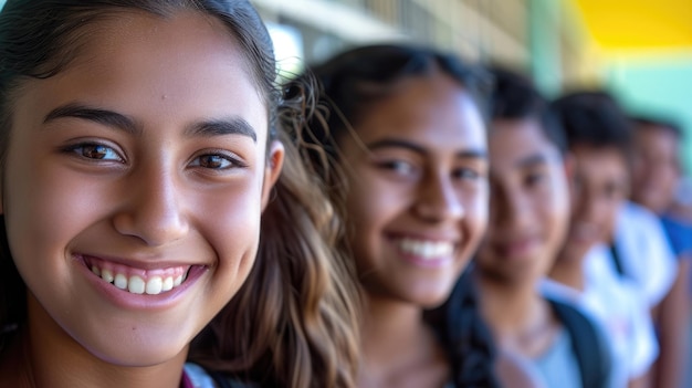 Um desenho com uma foto de estoque de estudantes alegres sorrindo