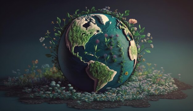 Um desenho da terra com plantas e flores.