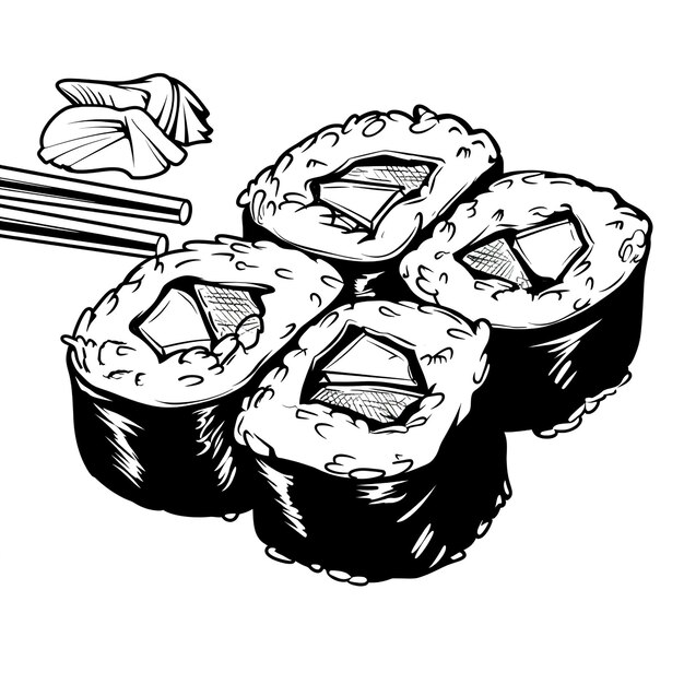 um desenho de algum sushi e algum sushi