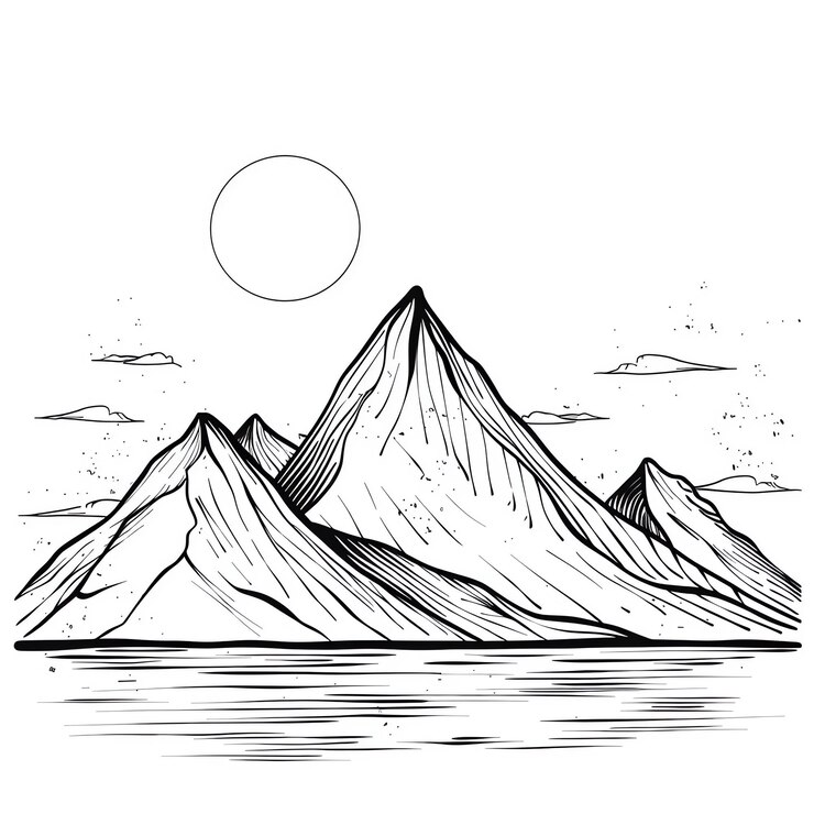 Foto um desenho de algumas montanhas com o sol e o sol no fundo