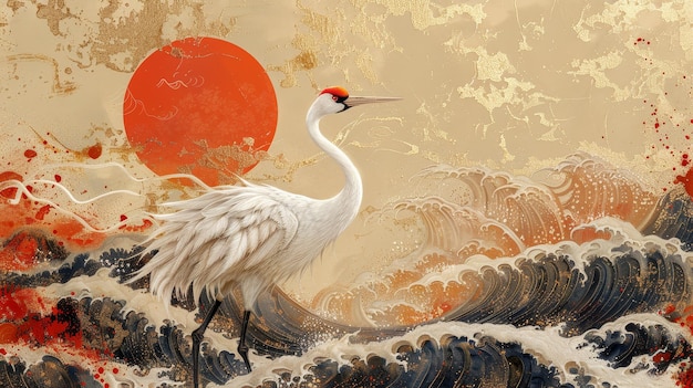 Um desenho de bandeira oriental com modelo de paisagem natural em estilo vintage com decoração de pássaro de guindaste dourado fundo japonês moderno com padrão de onda desenhado à mão