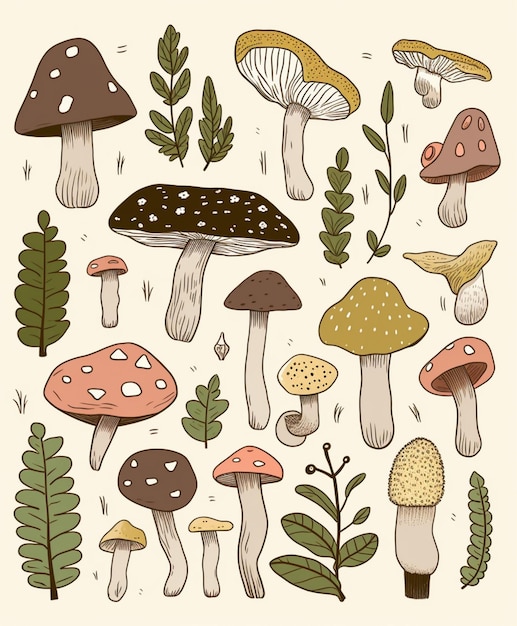 Um desenho de cogumelos e folhas.