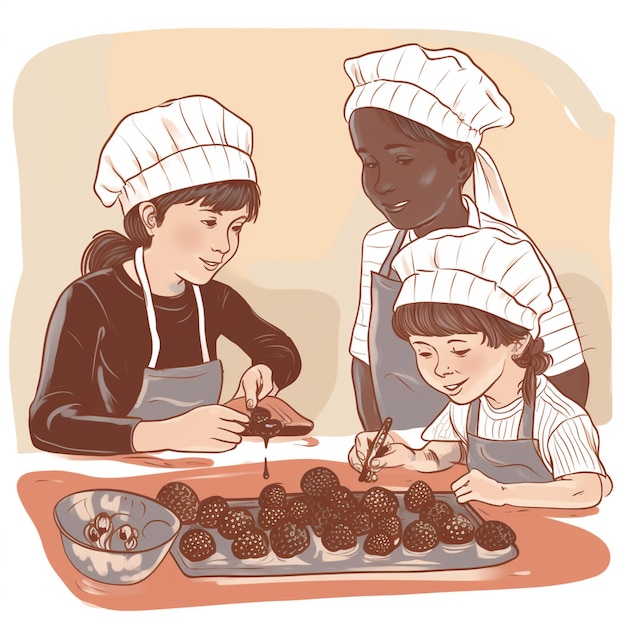 Um desenho de crianças em uma cozinha com uma tigela de chocolates na mesa Dia Mundial do Chocolate