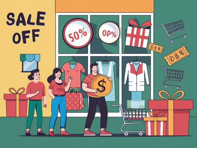 um desenho de desenho animado de pessoas fazendo compras na frente de uma loja que diz venda
