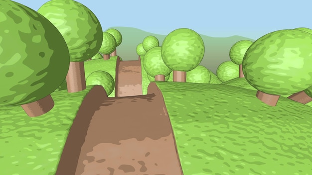 um desenho de desenho animado de um campo com uma cerca de madeira e um campo com árvores