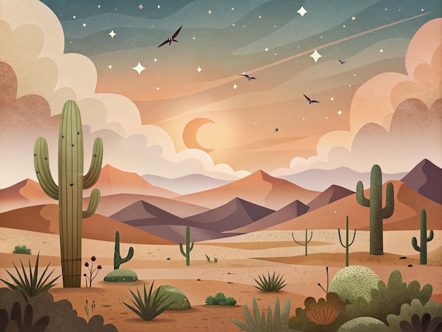 um desenho de desenho animado de um deserto com montanhas e deserto ao fundo