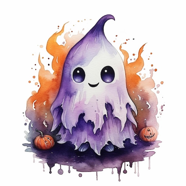 Um desenho de desenho animado de um fantasma com abóboras de Halloween.