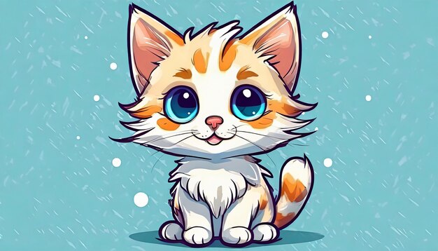 Um desenho de desenho animado de um gatinho com olhos azuis e uma cauda branca com um fundo azul