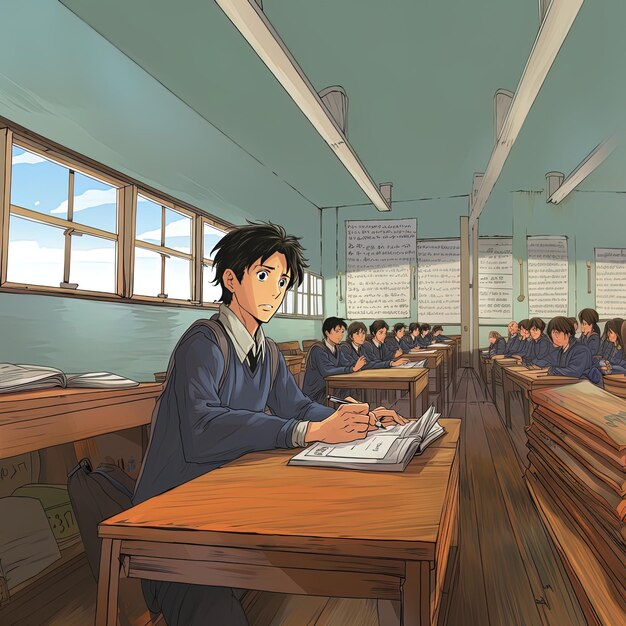um desenho de desenho animado de um menino em uma sala de aula com um sinal que diz escola