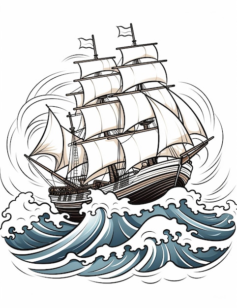 um desenho de desenho animado de um navio a vela no oceano generativo ai