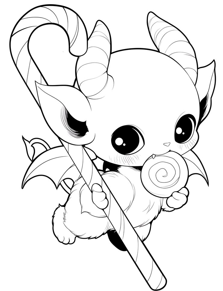 Foto um desenho de desenho animado de um pequeno diabo segurando uma cana de doces