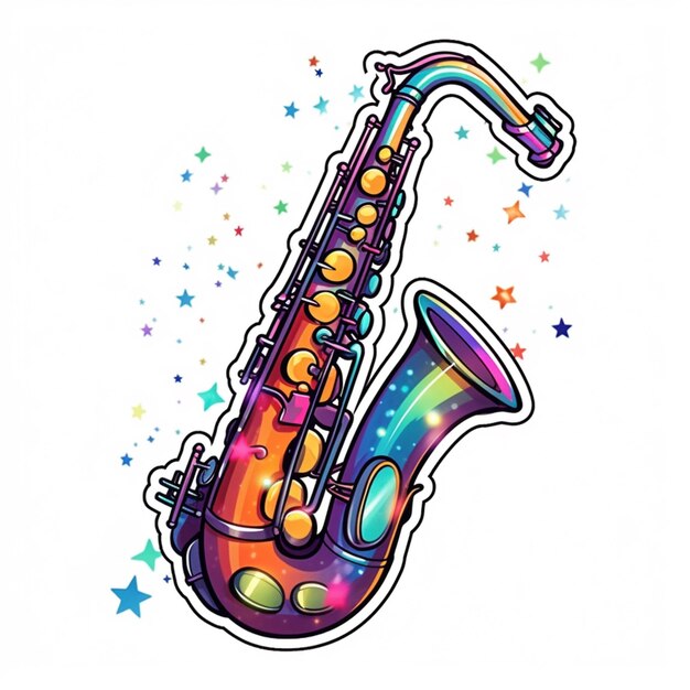 Foto um desenho de desenho animado de um saxofone com um corpo colorido arco-íris